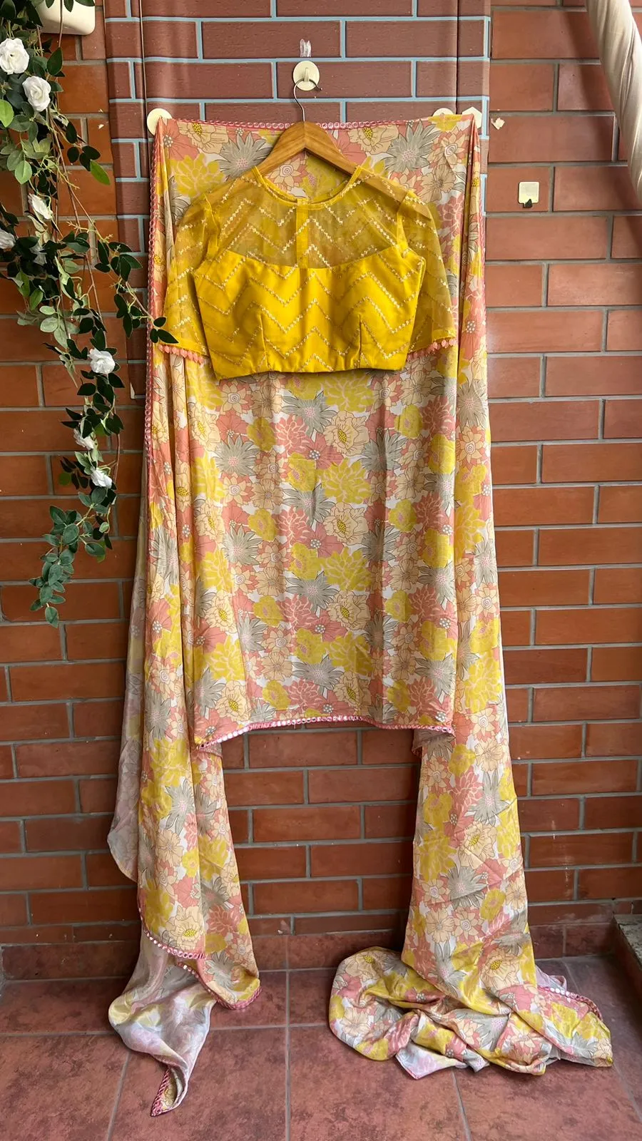 Floral viscose silk saree with yellow sequins blouse