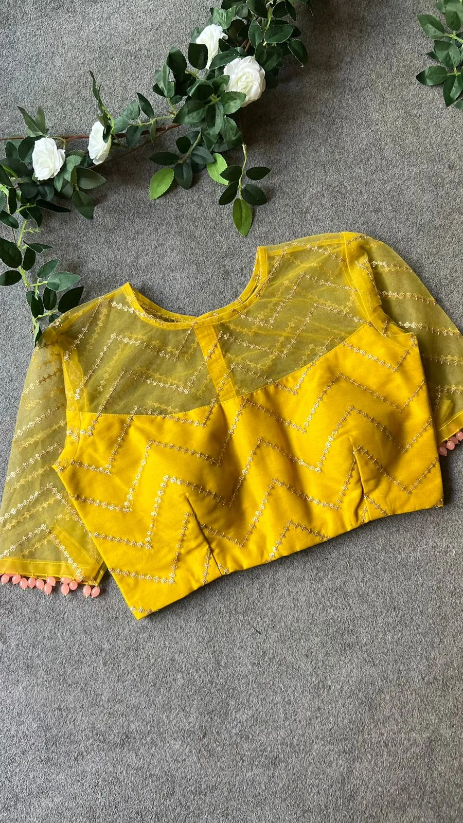 Floral viscose silk saree with yellow sequins blouse