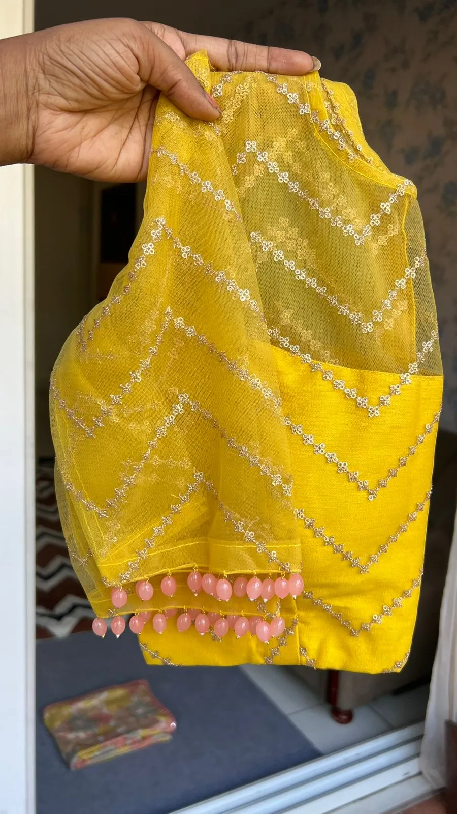 Floral viscose silk saree with yellow sequins blouse