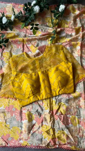 Floral viscose silk saree with yellow sequins blouse