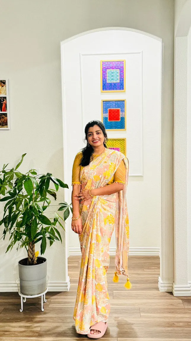 Floral viscose silk saree with yellow sequins blouse