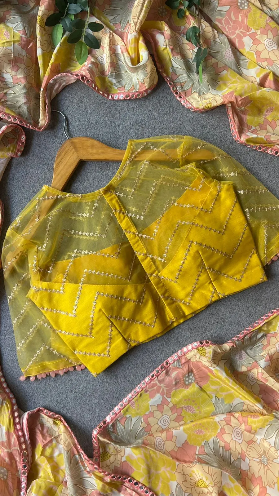 Floral viscose silk saree with yellow sequins blouse