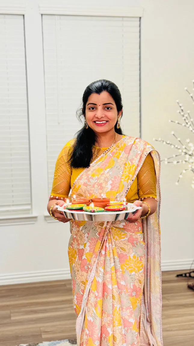 Floral viscose silk saree with yellow sequins blouse