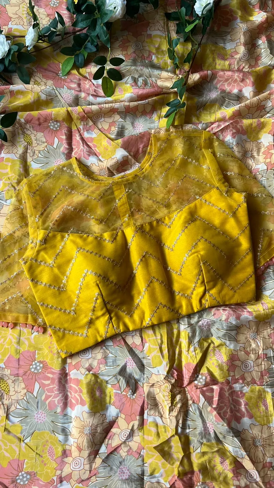 Floral viscose silk saree with yellow sequins blouse