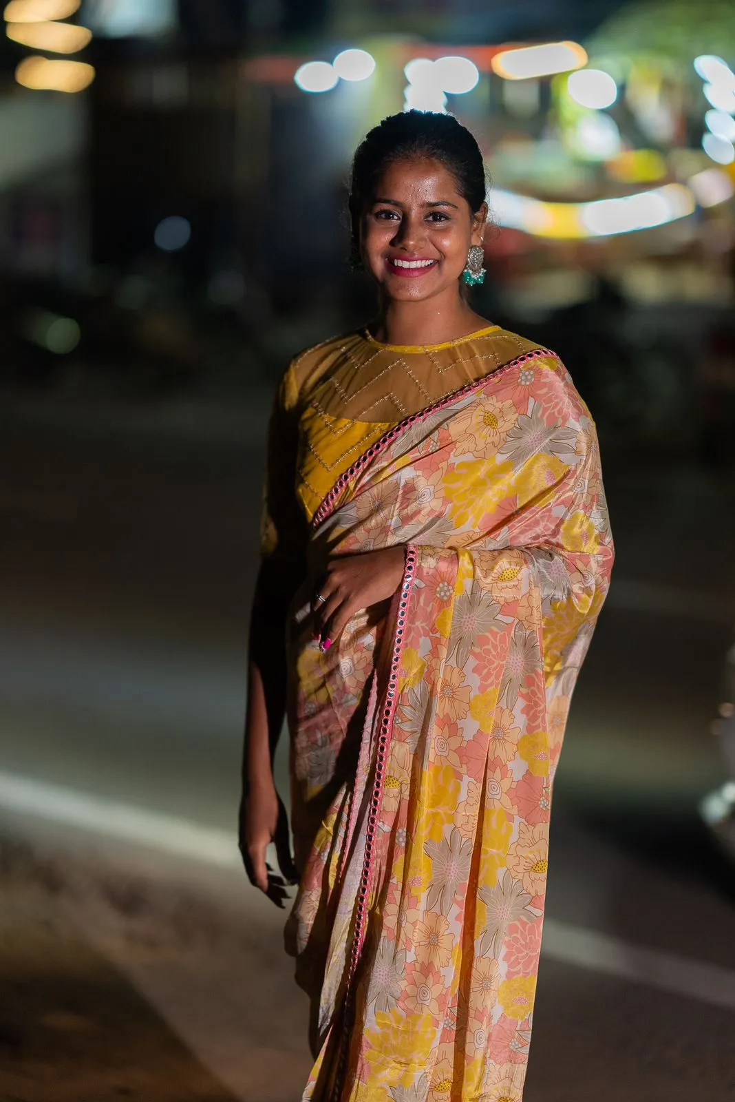 Floral viscose silk saree with yellow sequins blouse