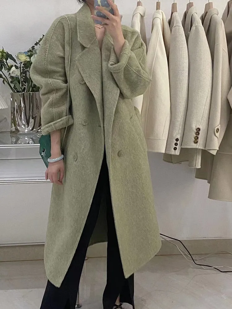 High Quality Wool Coats For Women Notched Double Breasted Belt Coats