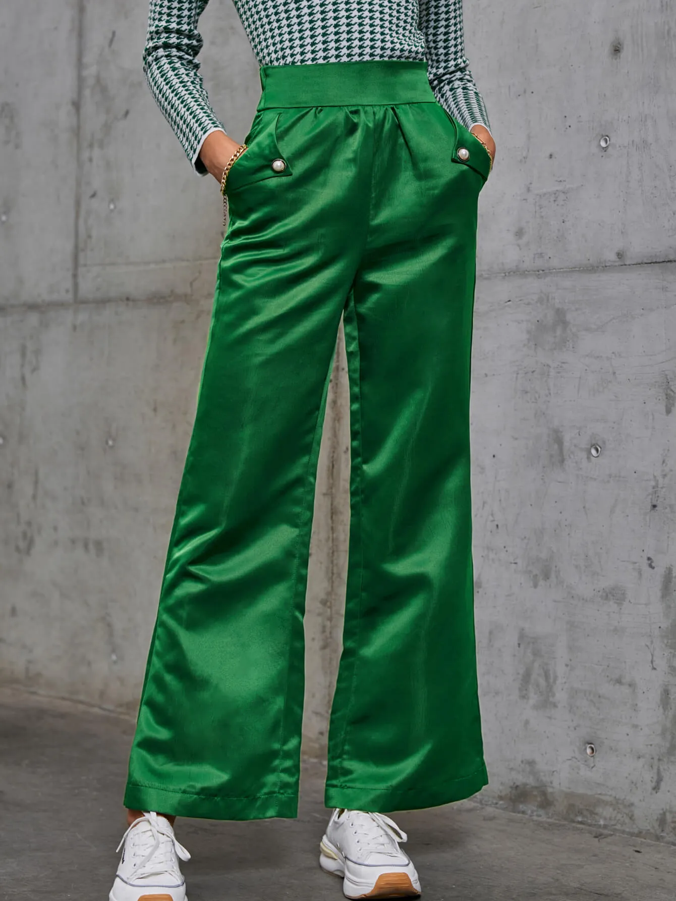 High Waist Satin Flare Pants with Pockets