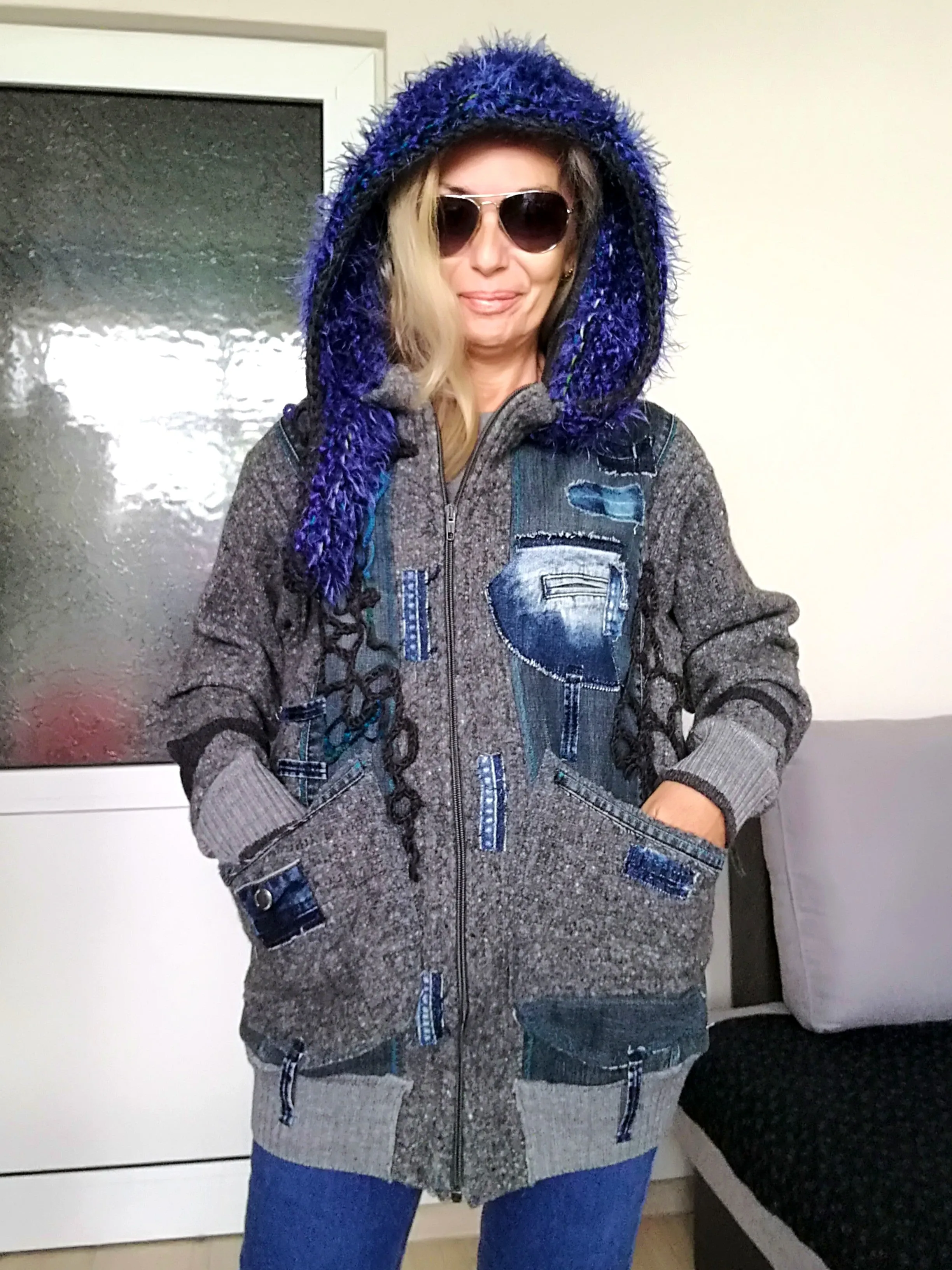 Hooded Denim Jacket L/XL Embroidered Boho Jacket