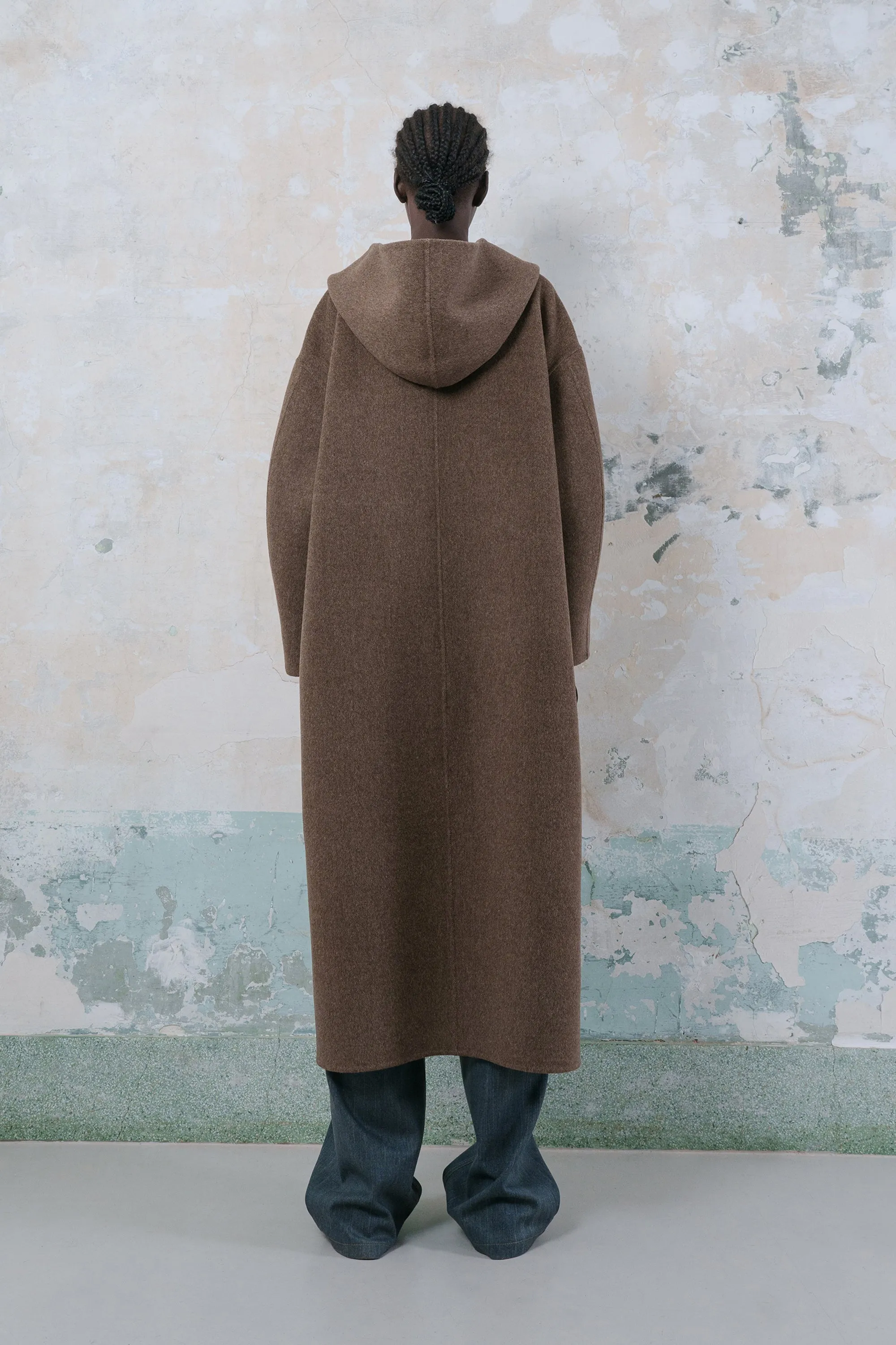 Hooded double-faced wool zip-up coat