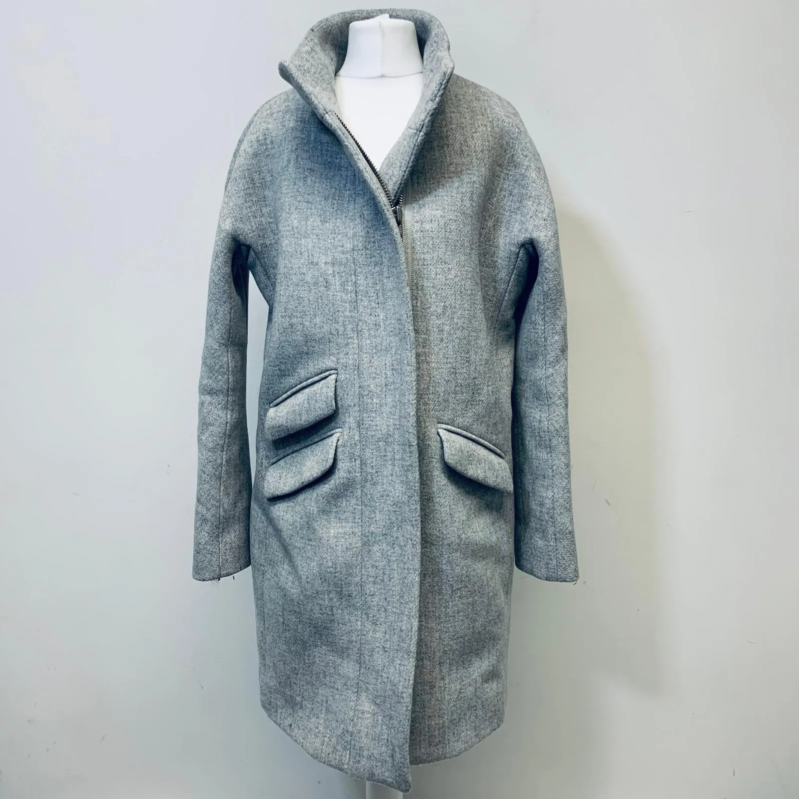 J.CREW Ladies Grey Zip Through Wool Long Sleeve Coat Overcoat Size S