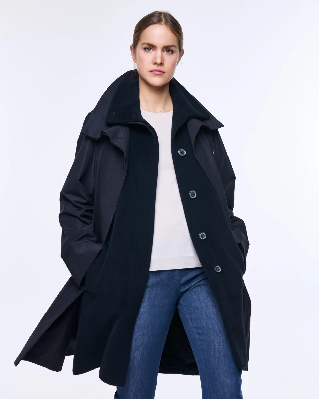 Layered Wool Coat with Removable Silk Layer