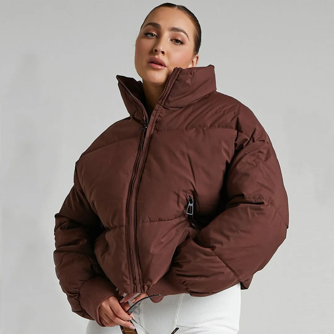 Long Sleeve Puffer Trendy Jacket - Burnt Orange