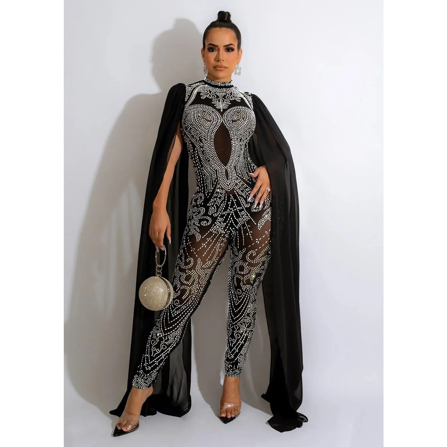 MALYBGG Rhinestone-Studded Mesh Perspective Jumpsuit 6032LY