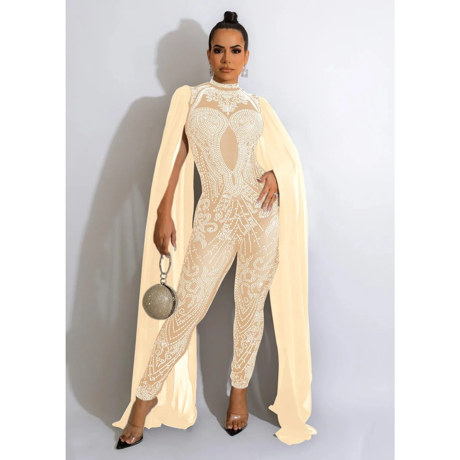 MALYBGG Rhinestone-Studded Mesh Perspective Jumpsuit 6032LY