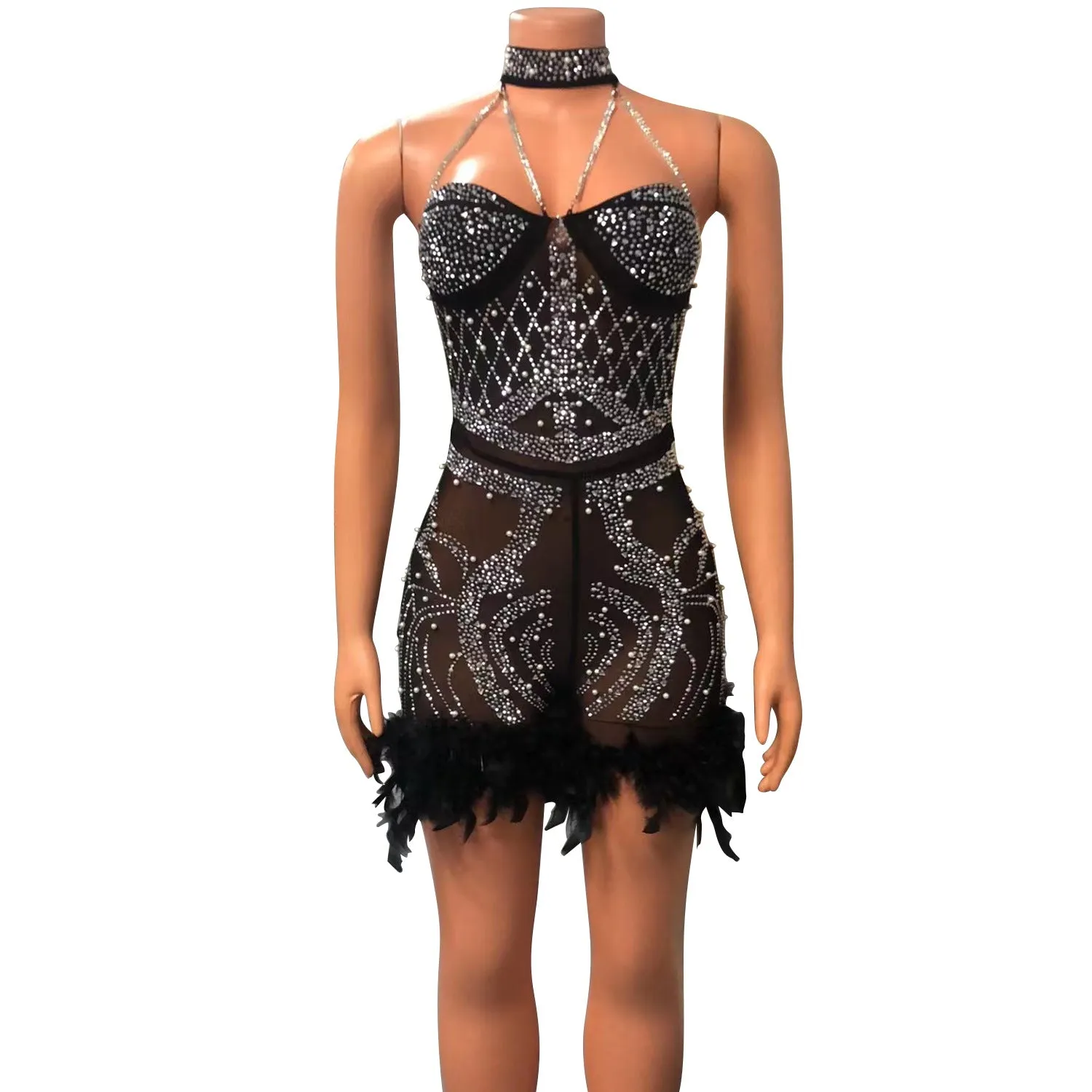 MALYBGG Sensual Rhinestone-Adorned Mesh Bodysuit with Net Overlay and Beaded Fringe 6911LY