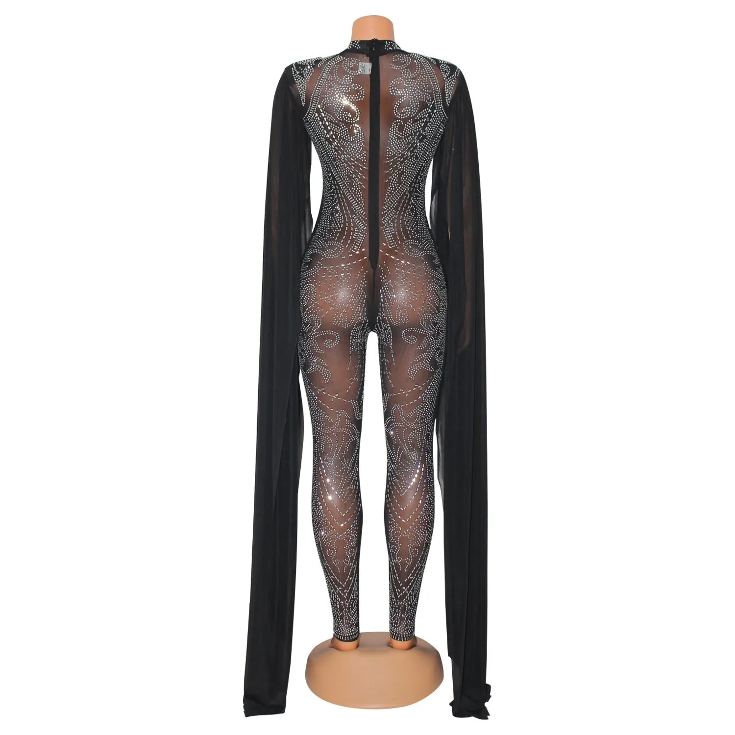 MALYBGG Sexy Rhinestone-Embellished Mesh Bodysuit Jumpsuit for Nightclub Glam 6816LY