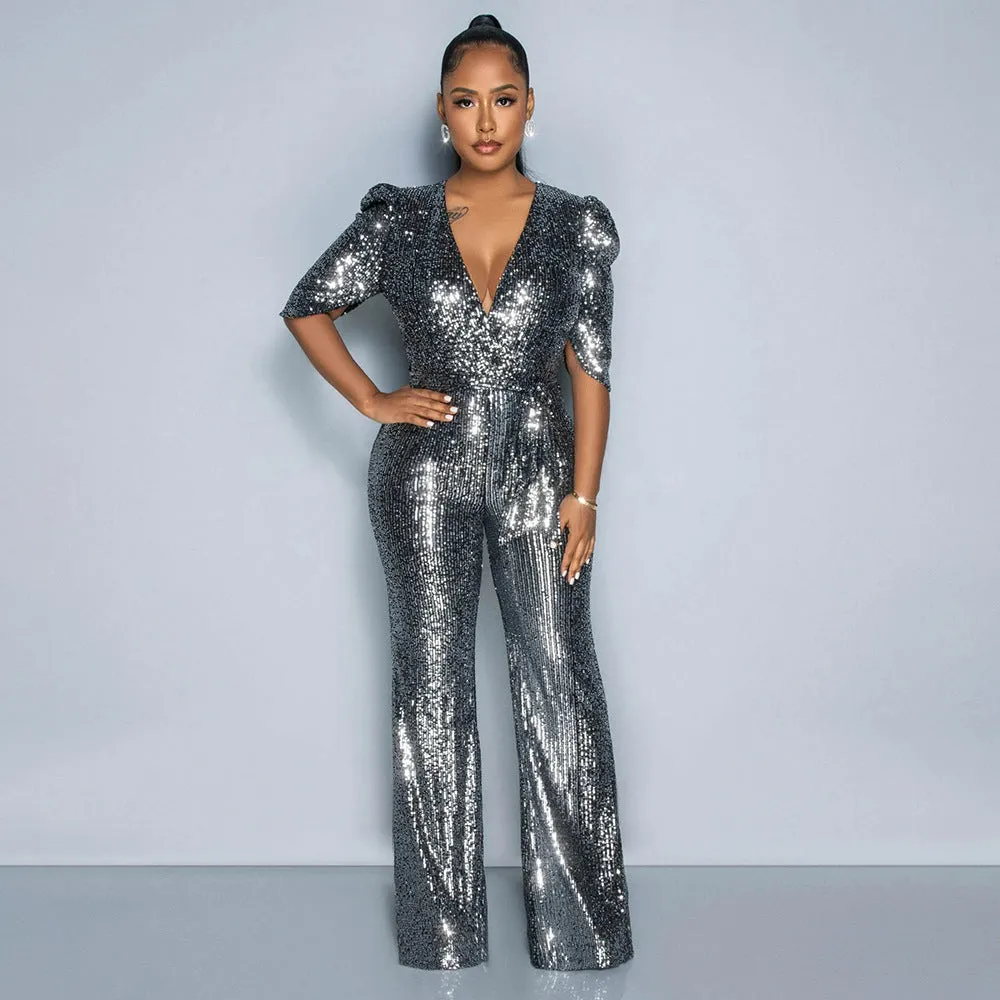 MALYBGG Sexy Short Sleeve Sequin Party Jumpsuit 900991LY