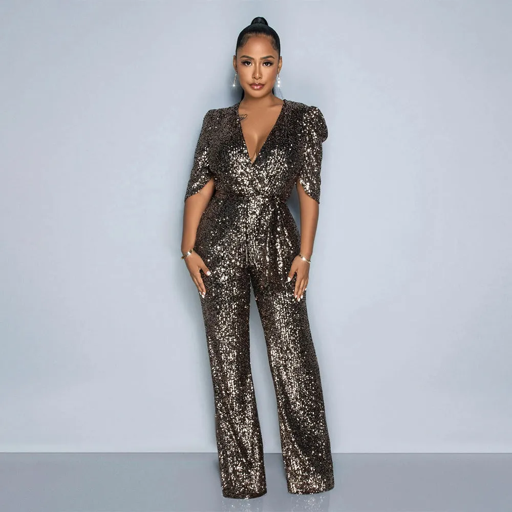 MALYBGG Sexy Short Sleeve Sequin Party Jumpsuit 900991LY