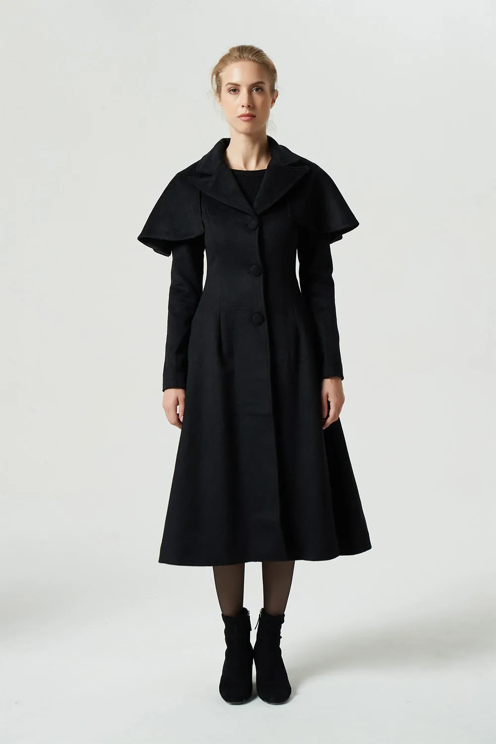 Maxi Black Wool Coat With Capelet For Women 1969#