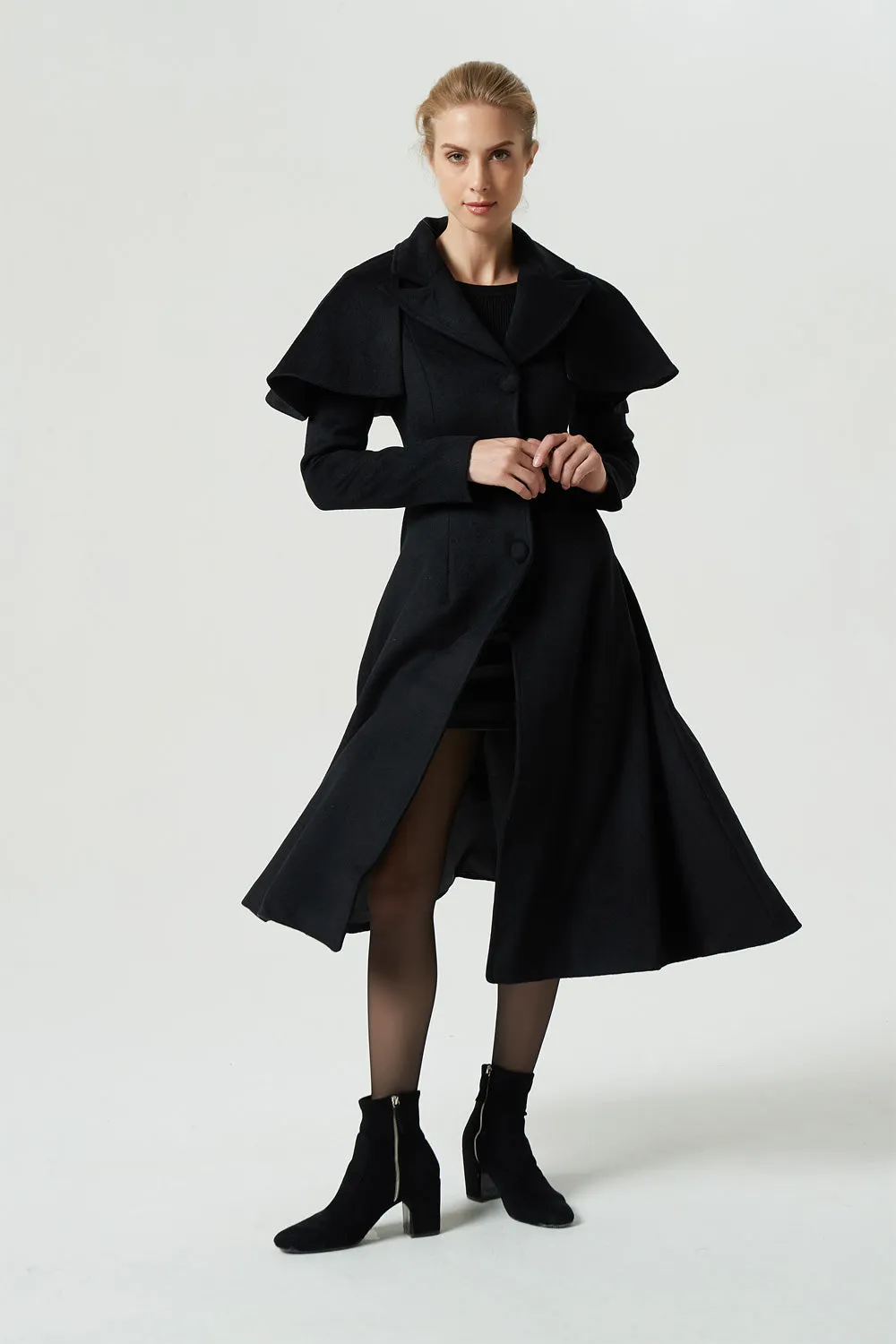 Maxi Black Wool Coat With Capelet For Women 1969#