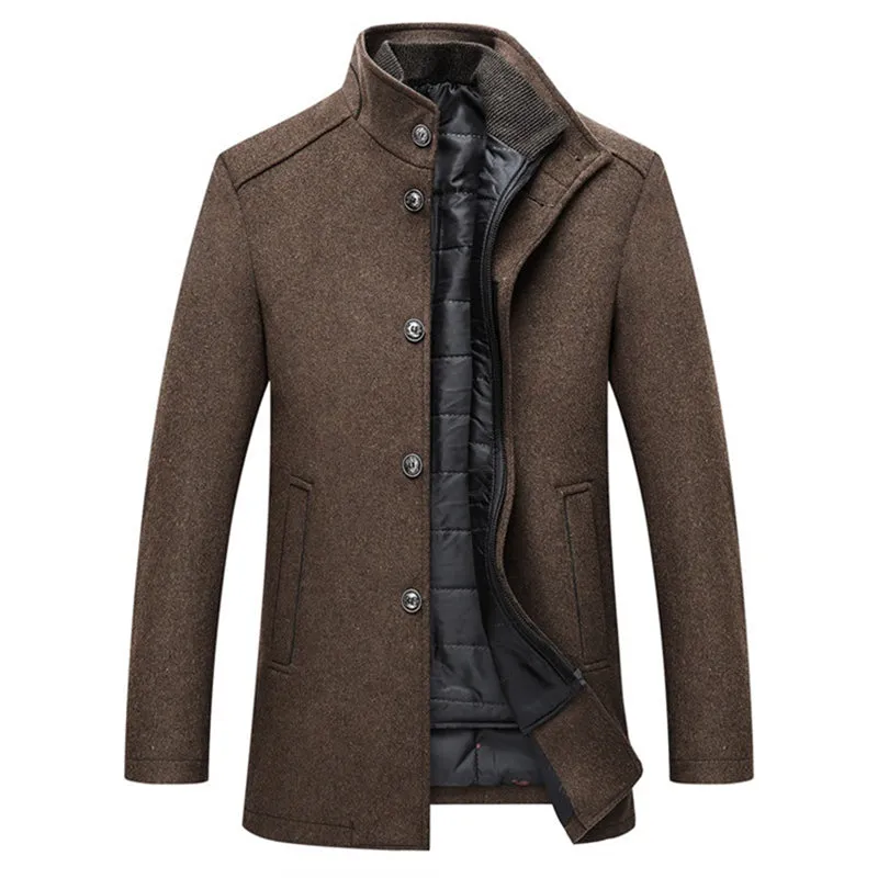 Men's Warm Wool Stand Collar Long Coat