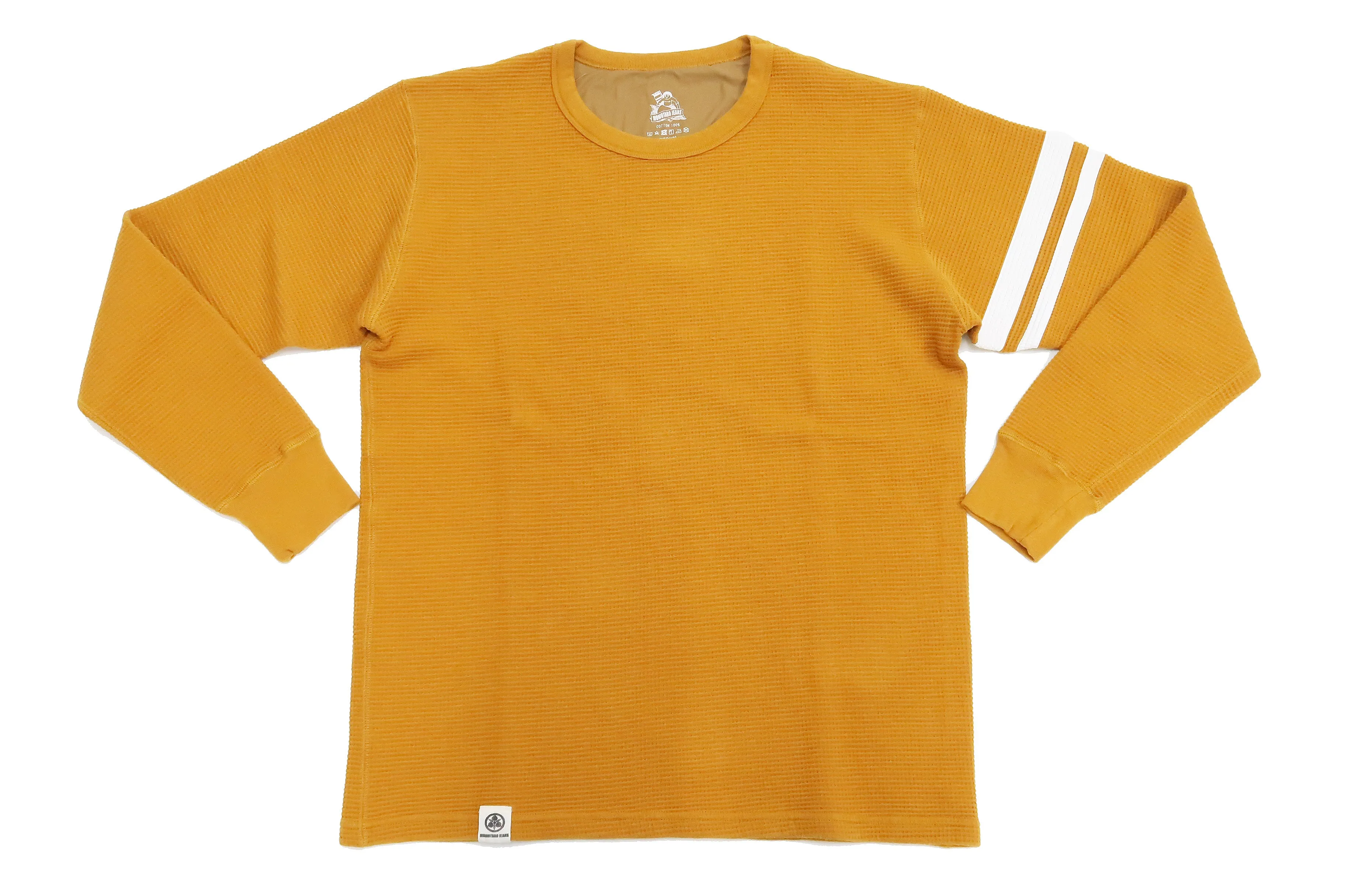 Momotaro Jeans Waffle Shirt Men's Long Sleeve Waffle-Knit Thermal T-Shirt with Stripe MZTS0079 Mustard