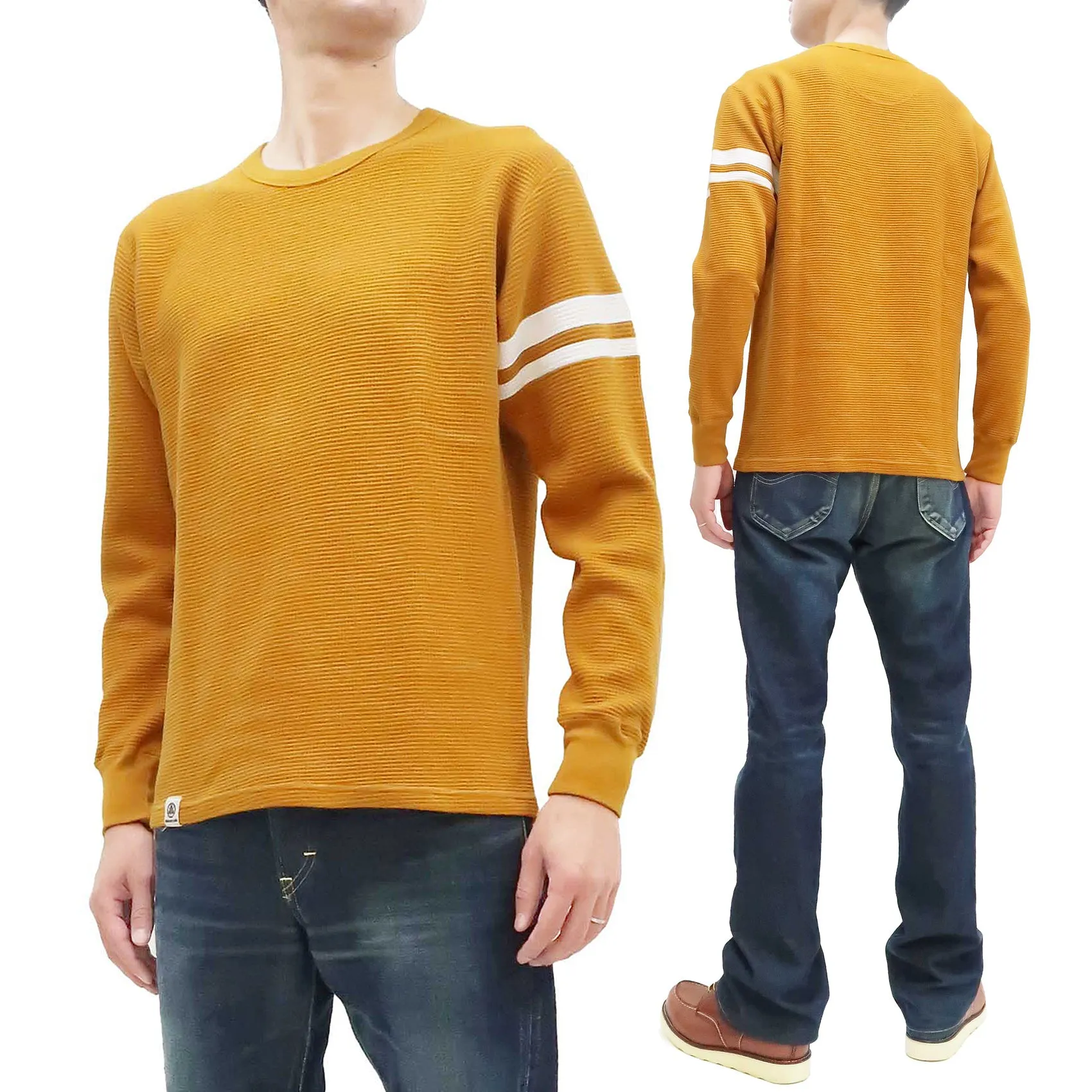 Momotaro Jeans Waffle Shirt Men's Long Sleeve Waffle-Knit Thermal T-Shirt with Stripe MZTS0079 Mustard