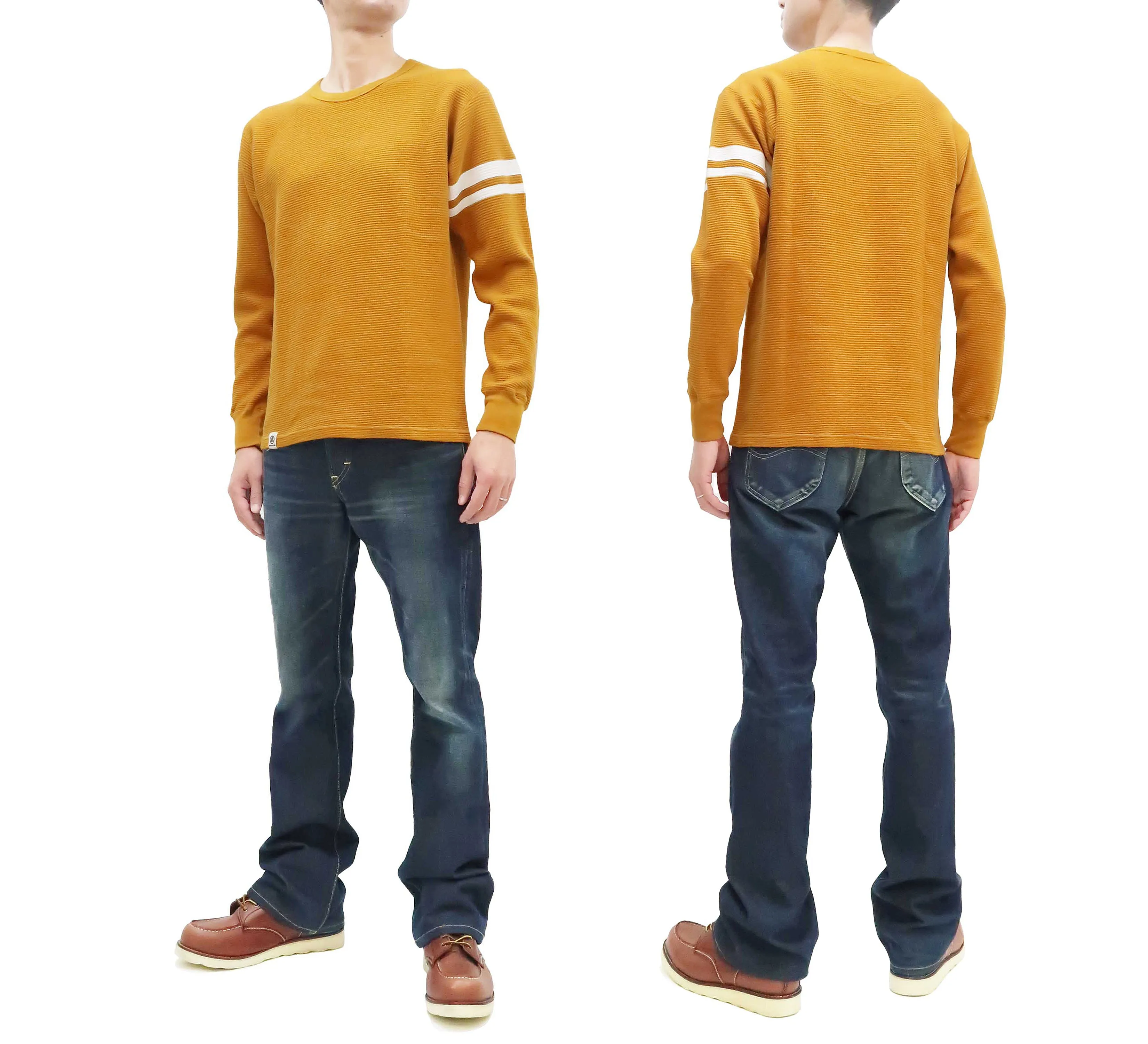 Momotaro Jeans Waffle Shirt Men's Long Sleeve Waffle-Knit Thermal T-Shirt with Stripe MZTS0079 Mustard