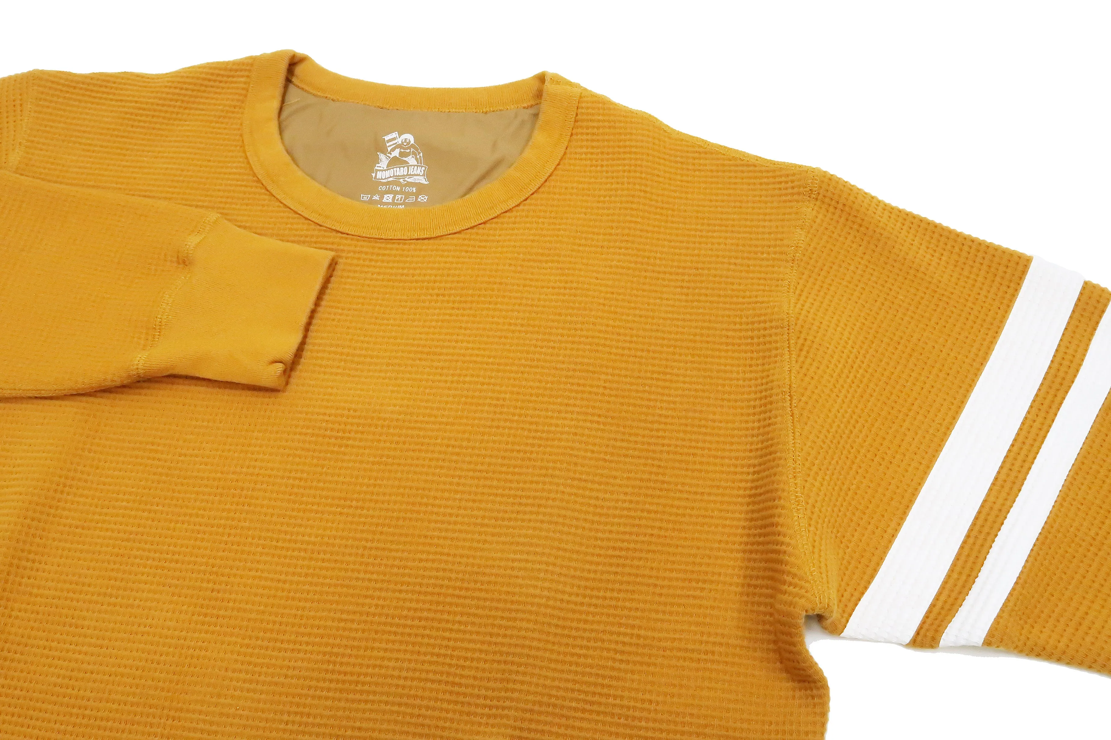 Momotaro Jeans Waffle Shirt Men's Long Sleeve Waffle-Knit Thermal T-Shirt with Stripe MZTS0079 Mustard