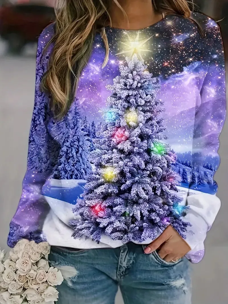 New Autumnwinter Loose Christmas Tree Print Top