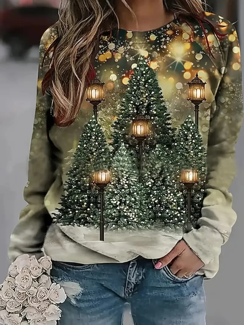 New Autumnwinter Loose Christmas Tree Print Top