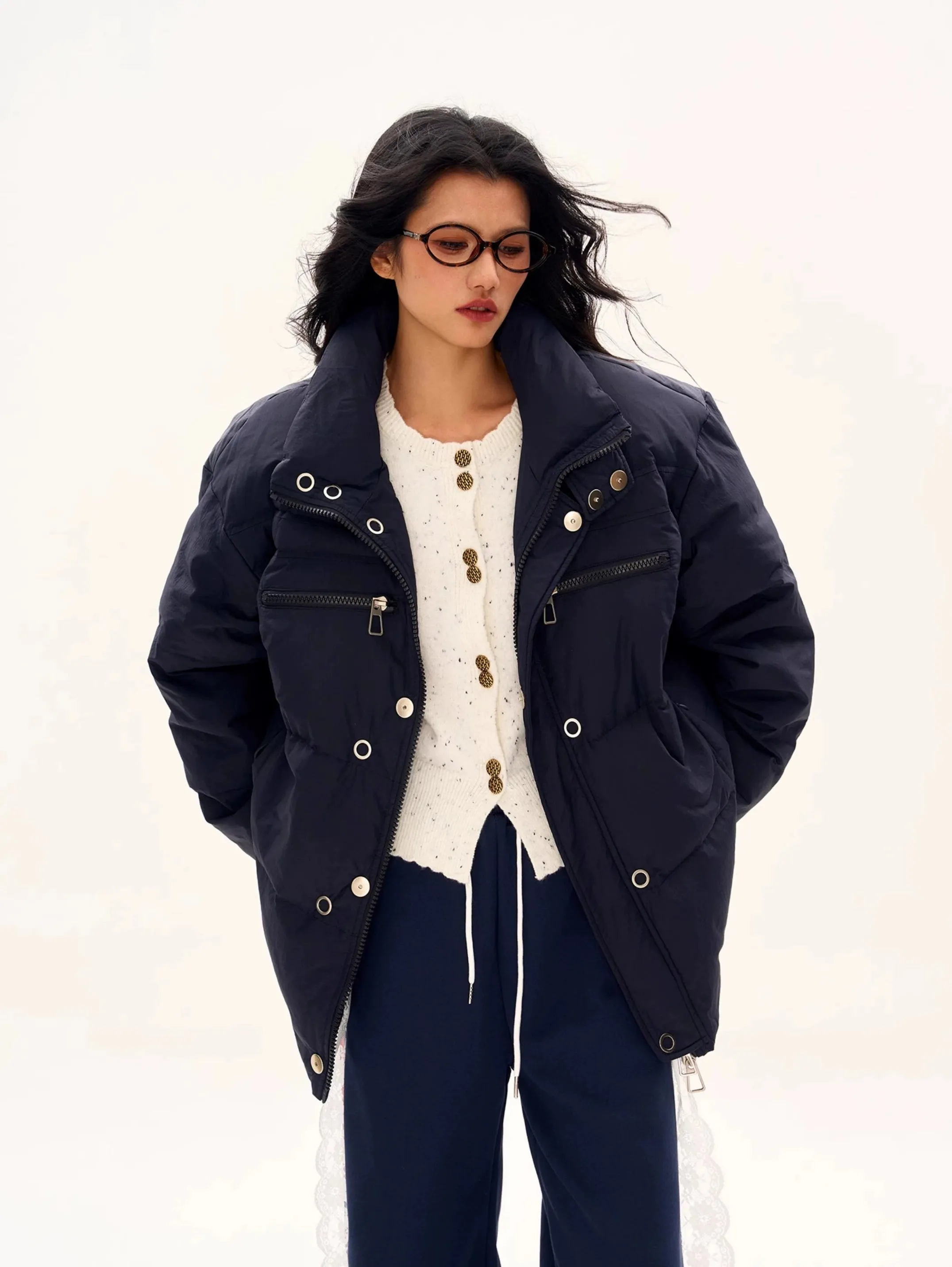 Oversized Longline Puffer Jacket with Zip and Button Details