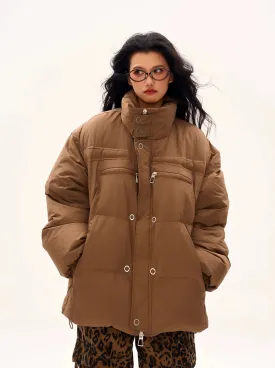 Oversized Longline Puffer Jacket with Zip and Button Details