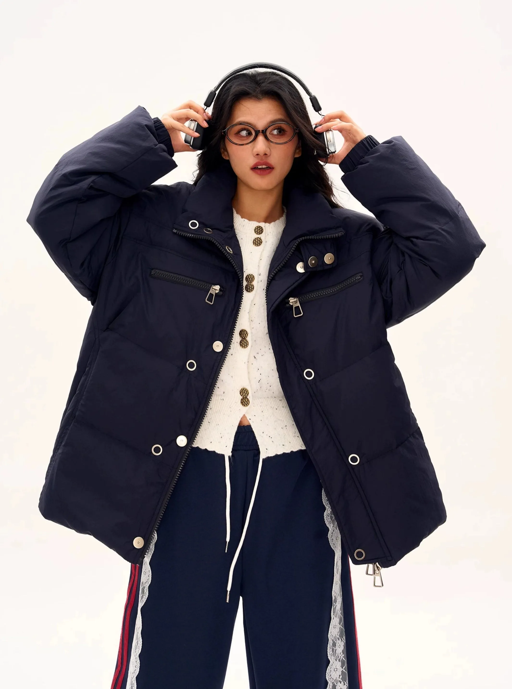 Oversized Longline Puffer Jacket with Zip and Button Details