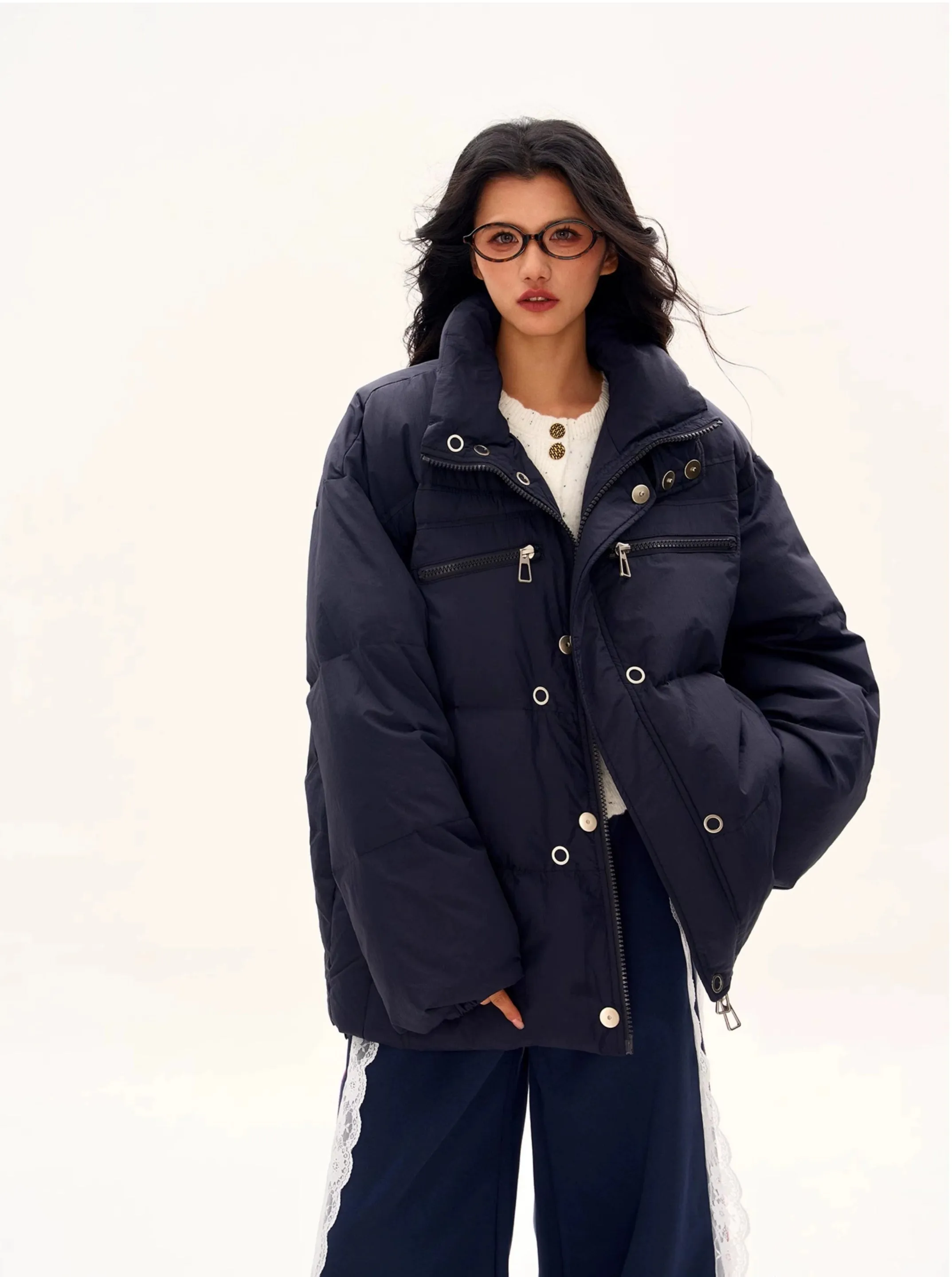 Oversized Longline Puffer Jacket with Zip and Button Details