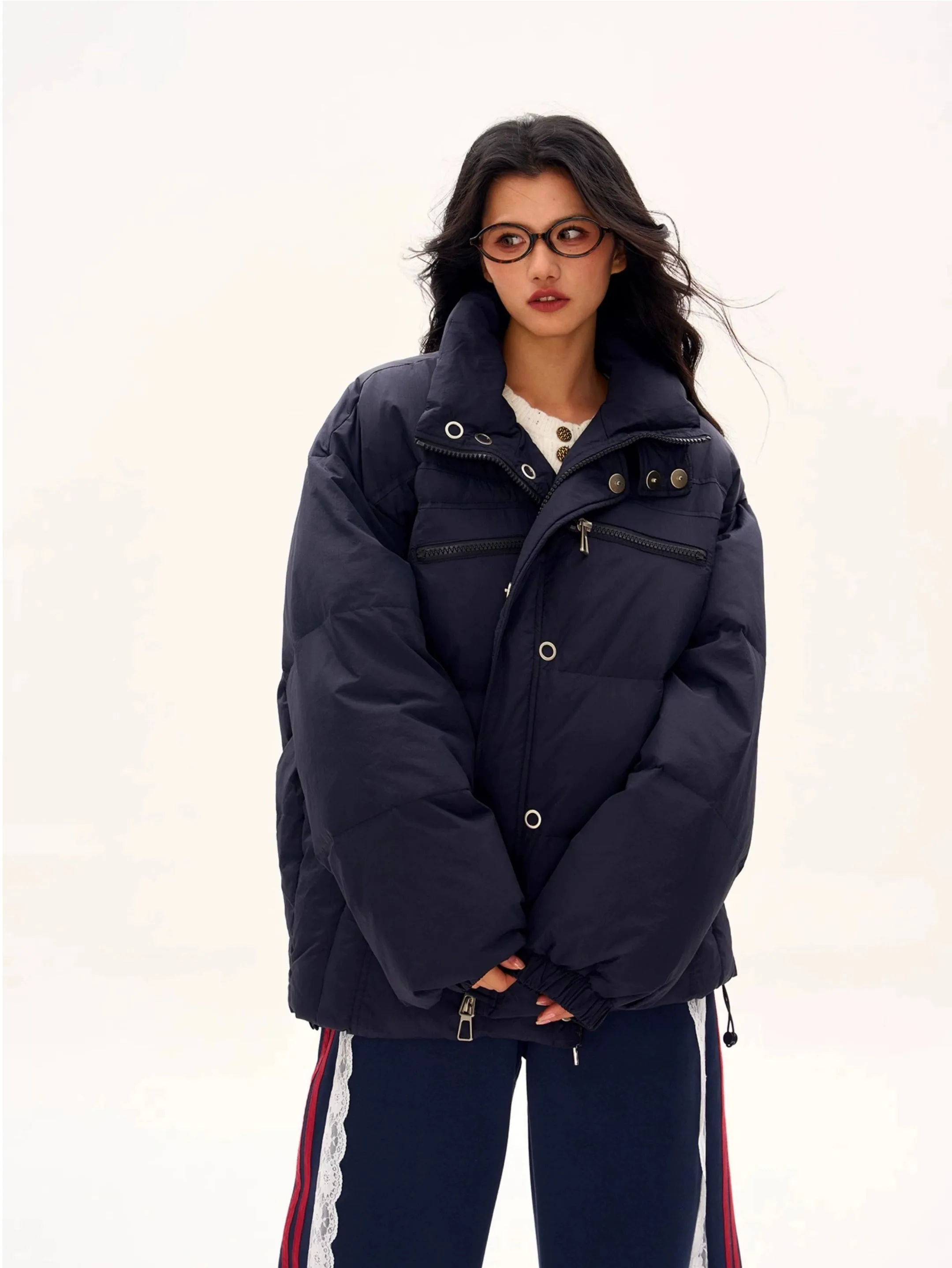 Oversized Longline Puffer Jacket with Zip and Button Details