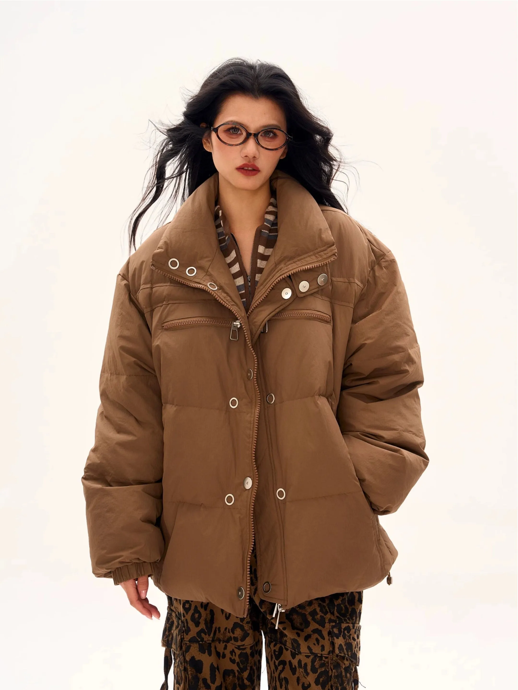 Oversized Longline Puffer Jacket with Zip and Button Details