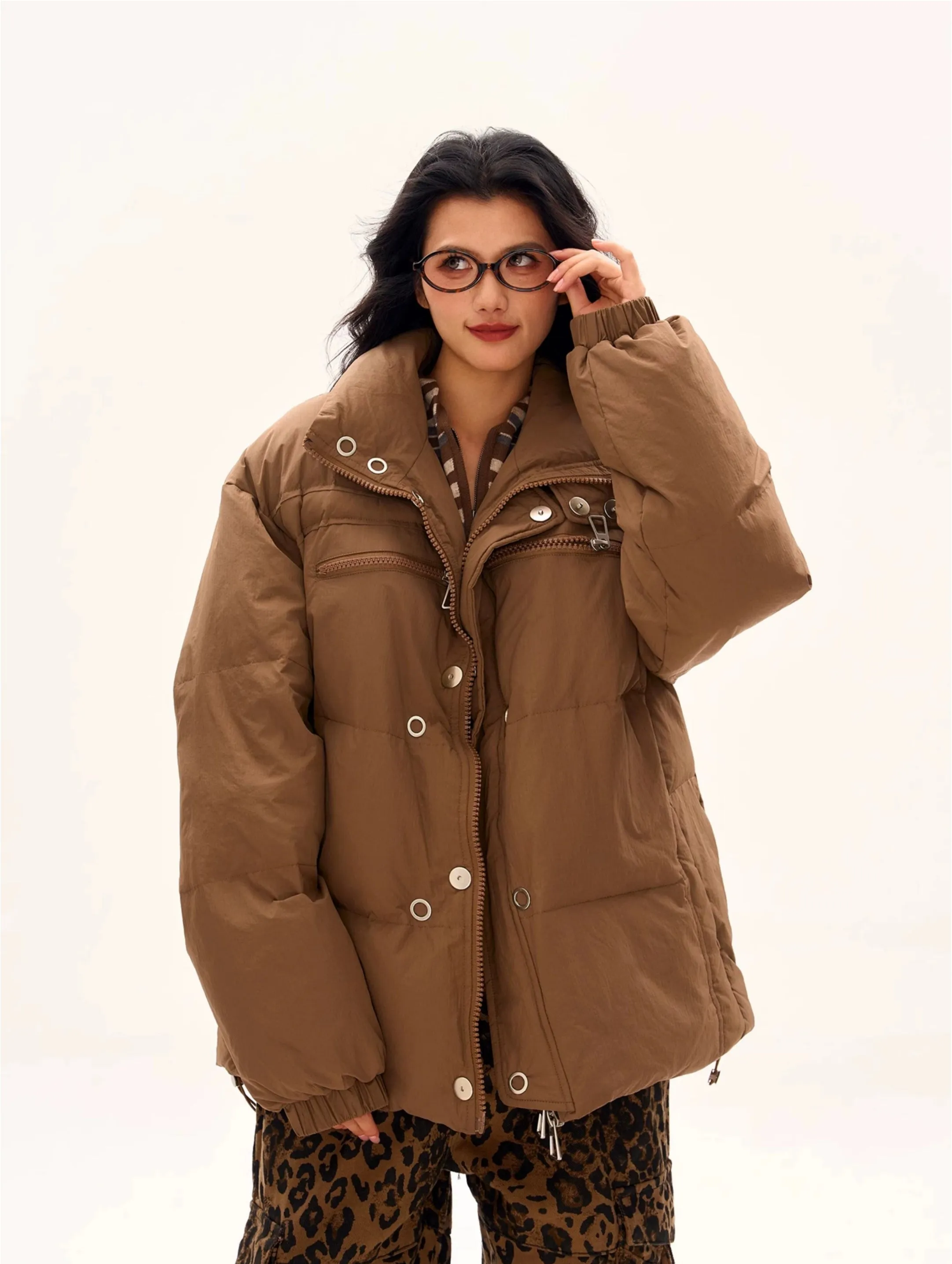 Oversized Longline Puffer Jacket with Zip and Button Details