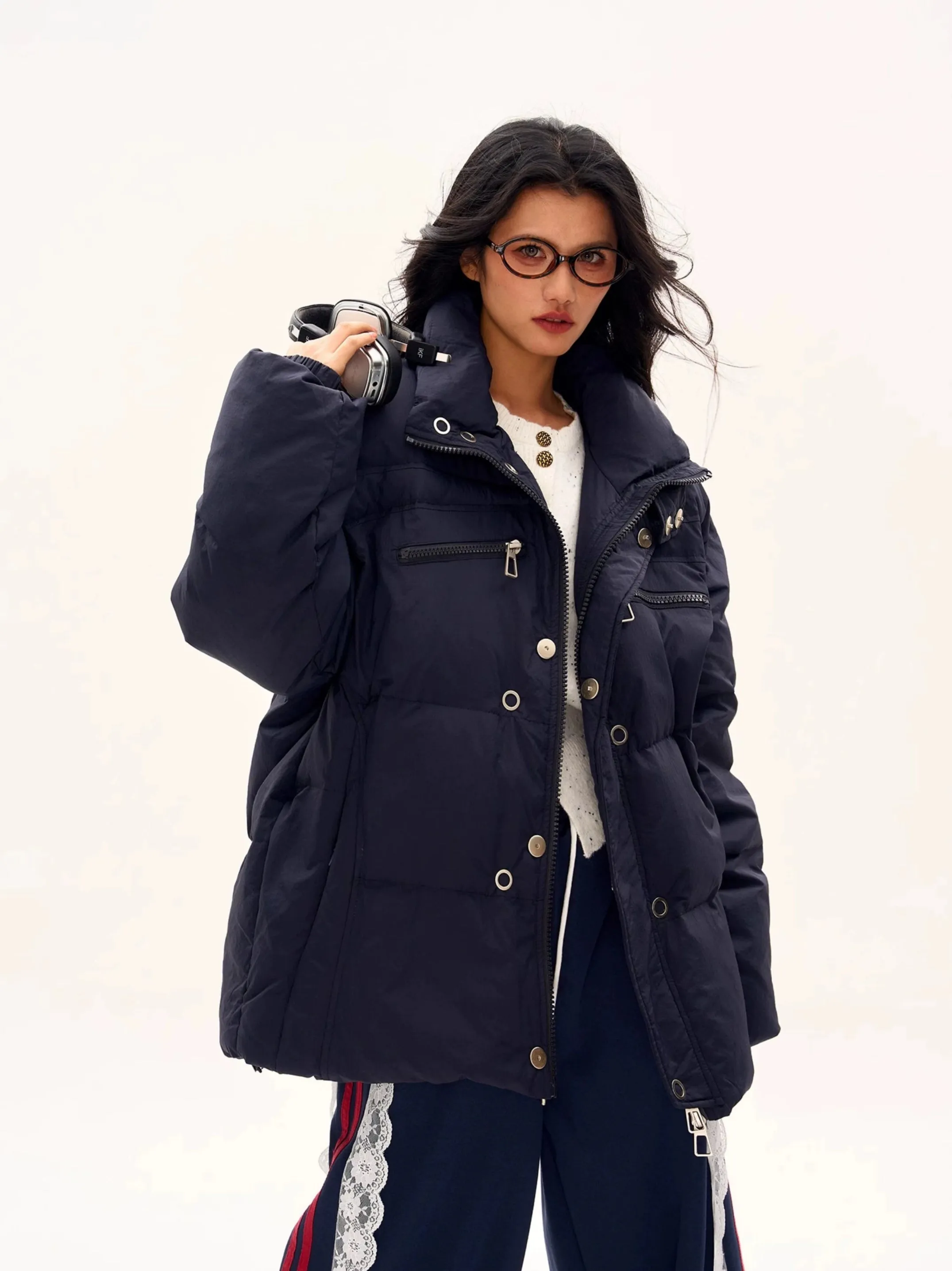 Oversized Longline Puffer Jacket with Zip and Button Details