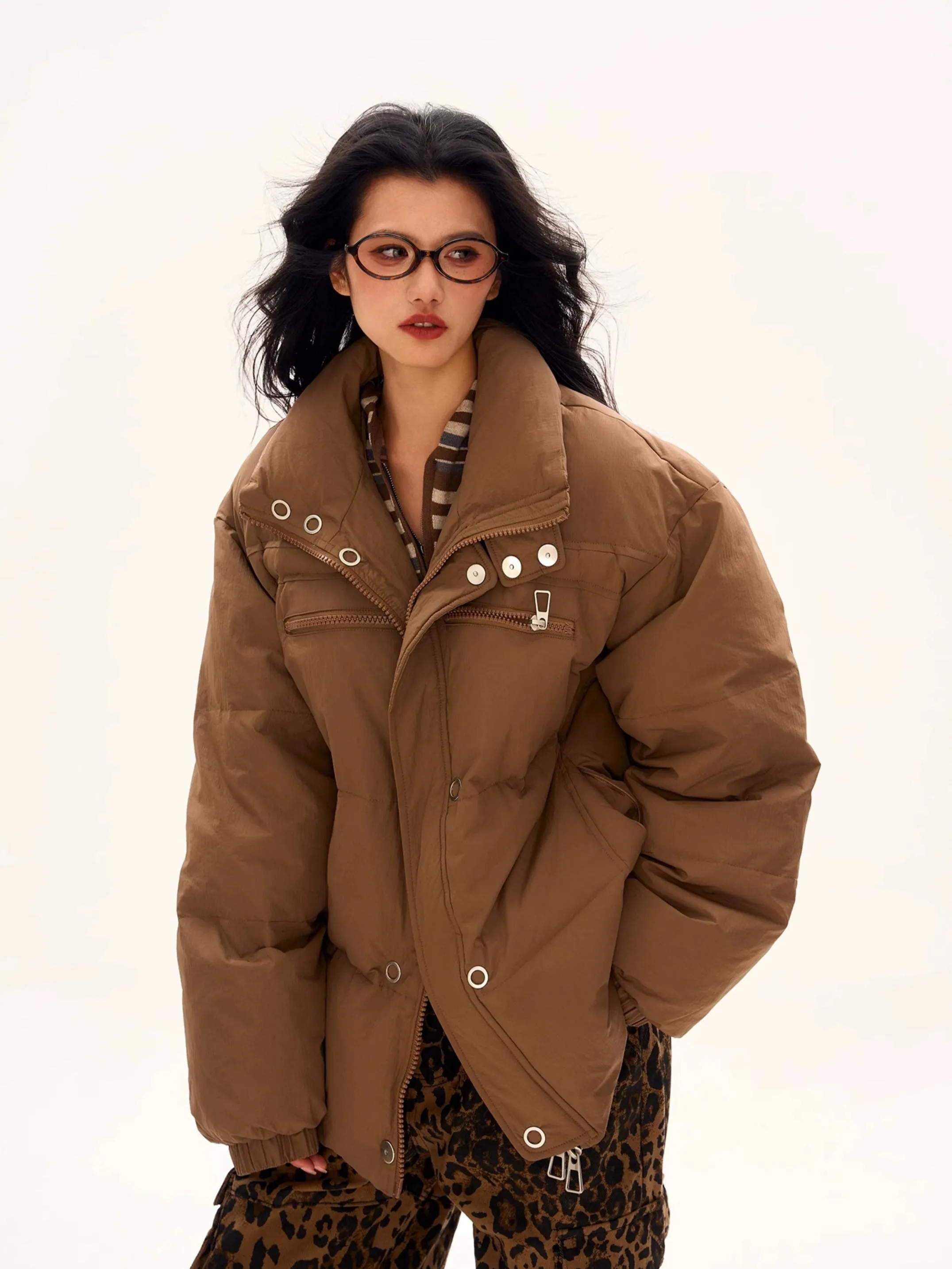 Oversized Longline Puffer Jacket with Zip and Button Details