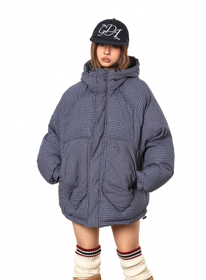 Oversized Plaid Puffer Hooded Jacket with Pockets