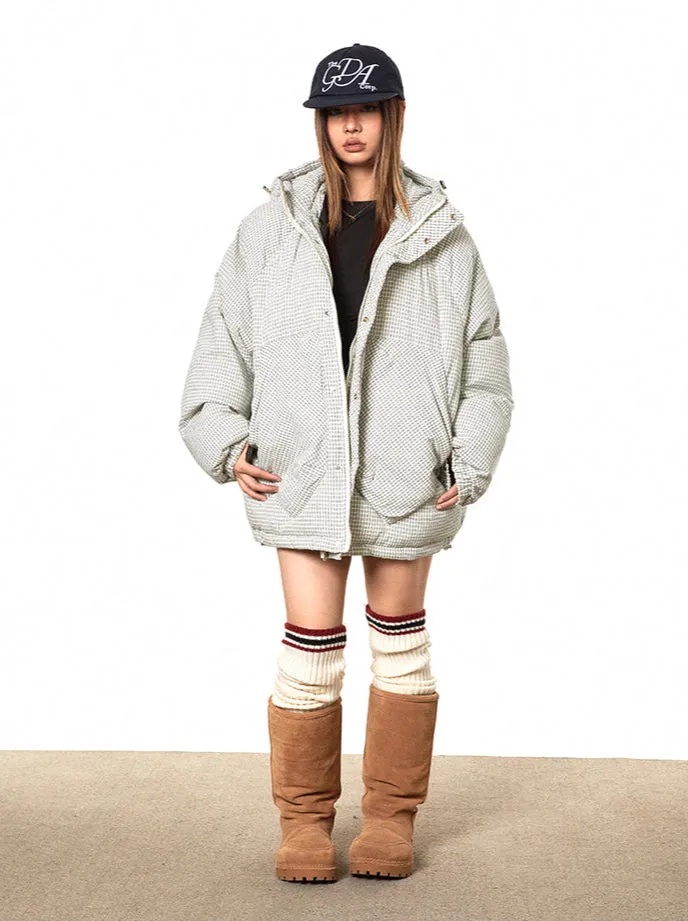 Oversized Plaid Puffer Hooded Jacket with Pockets