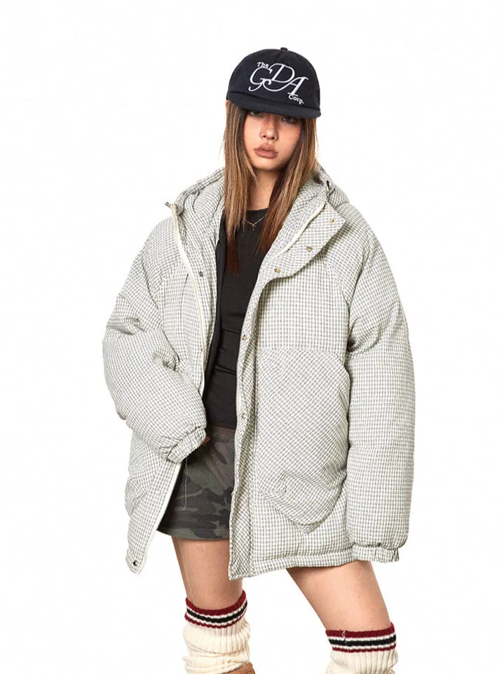 Oversized Plaid Puffer Hooded Jacket with Pockets