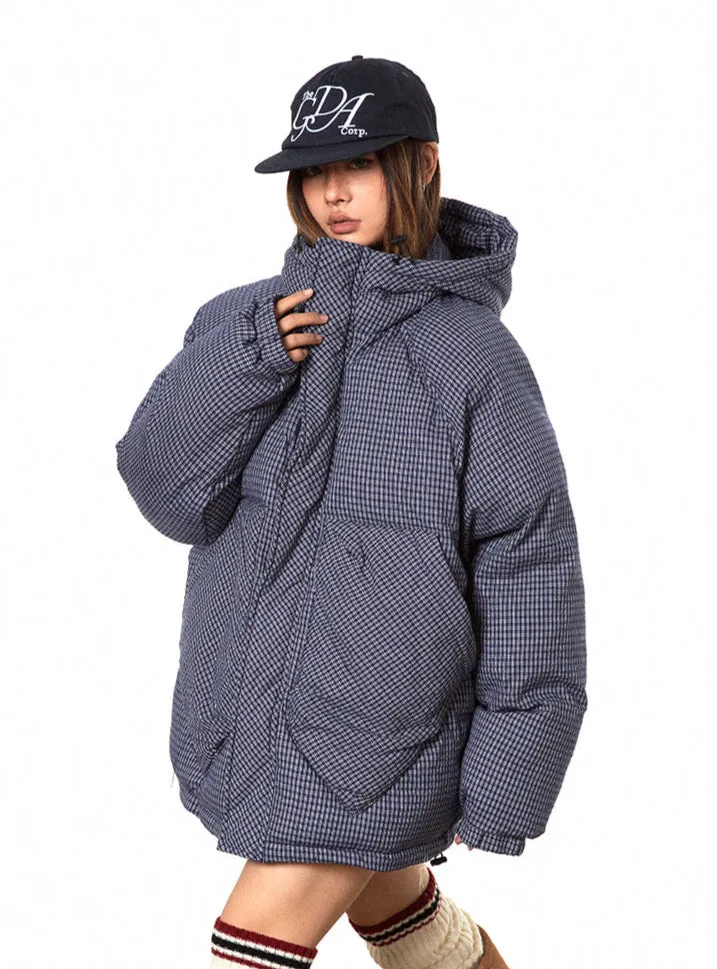 Oversized Plaid Puffer Hooded Jacket with Pockets