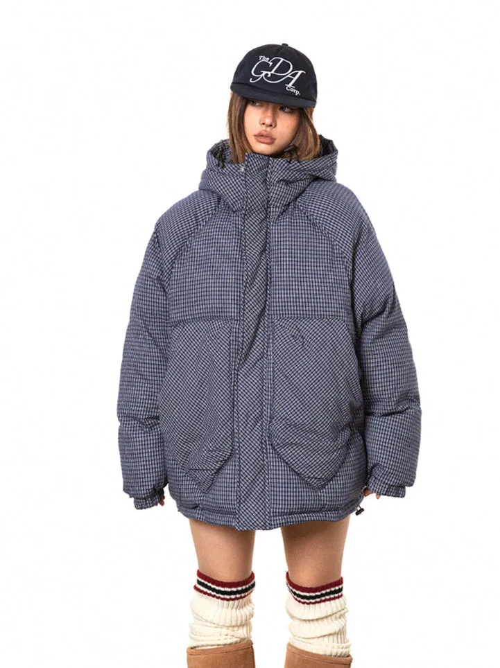 Oversized Plaid Puffer Hooded Jacket with Pockets