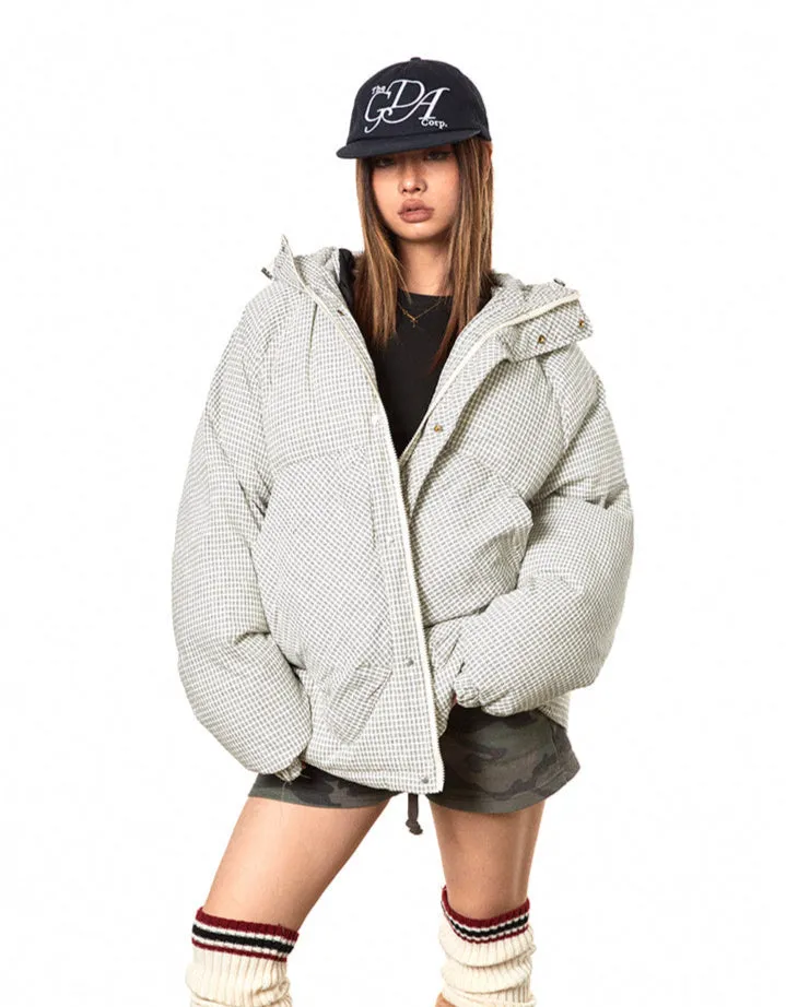 Oversized Plaid Puffer Hooded Jacket with Pockets