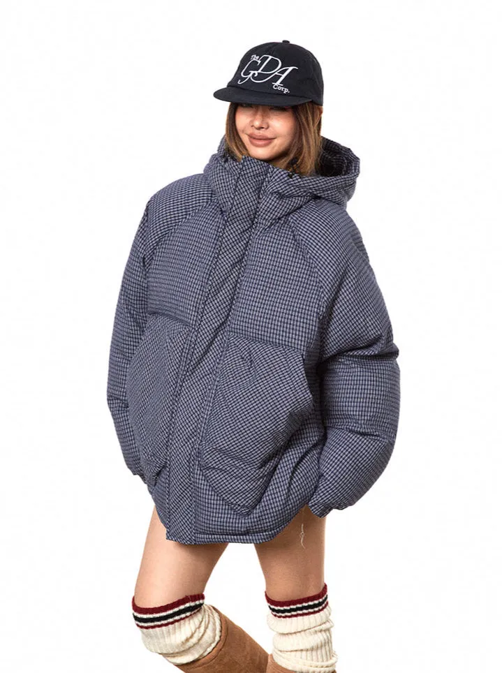 Oversized Plaid Puffer Hooded Jacket with Pockets