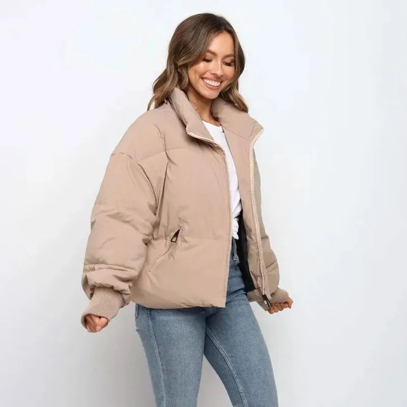 Oversized Stand Collar Side Pocket Zip Front Long Sleeve Puffer Jacket - Khaki