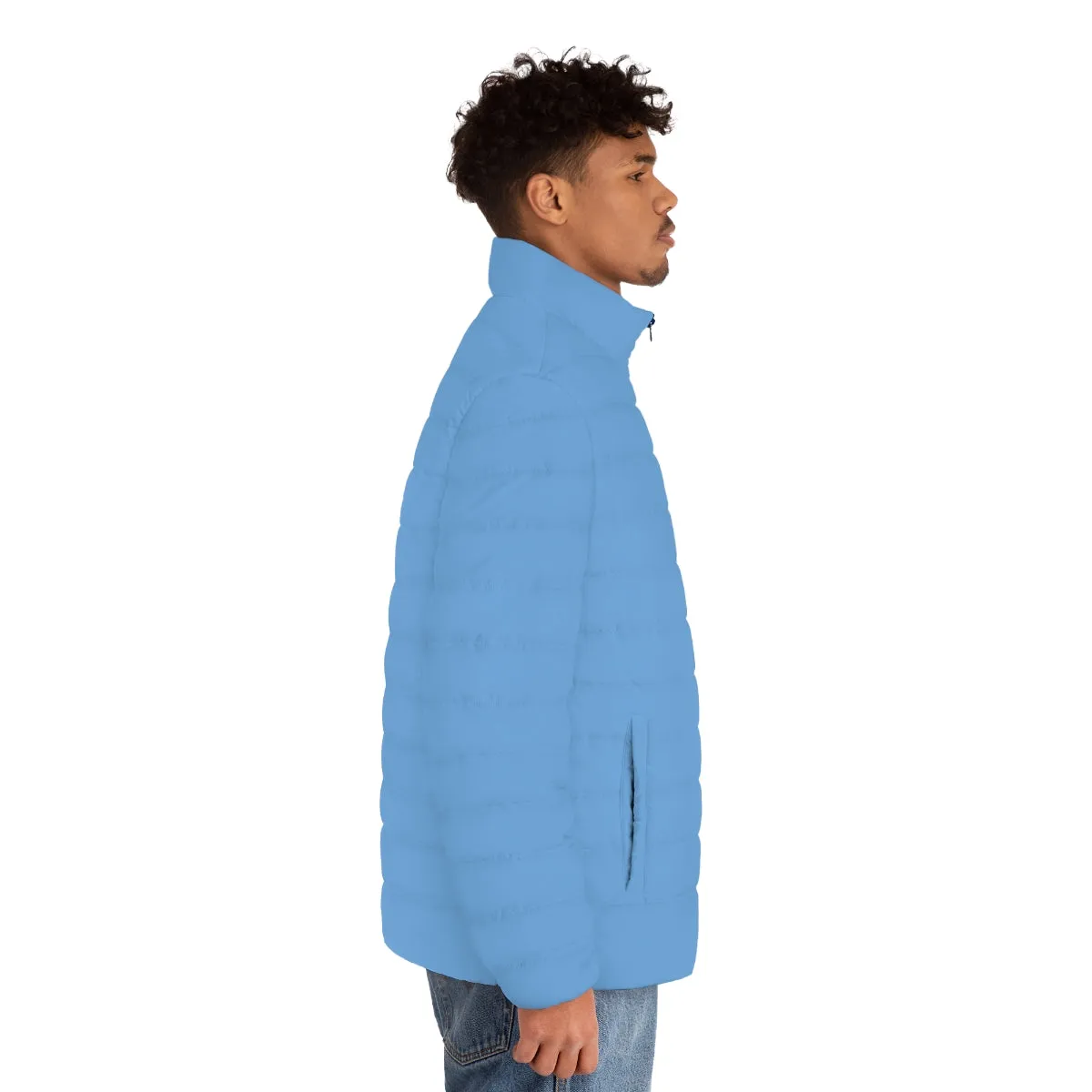 Pastel Blue Color Men's Jacket, Best Regular Fit Polyester Men's Puffer Jacket With Stand Up Collar (US Size: S-2XL)