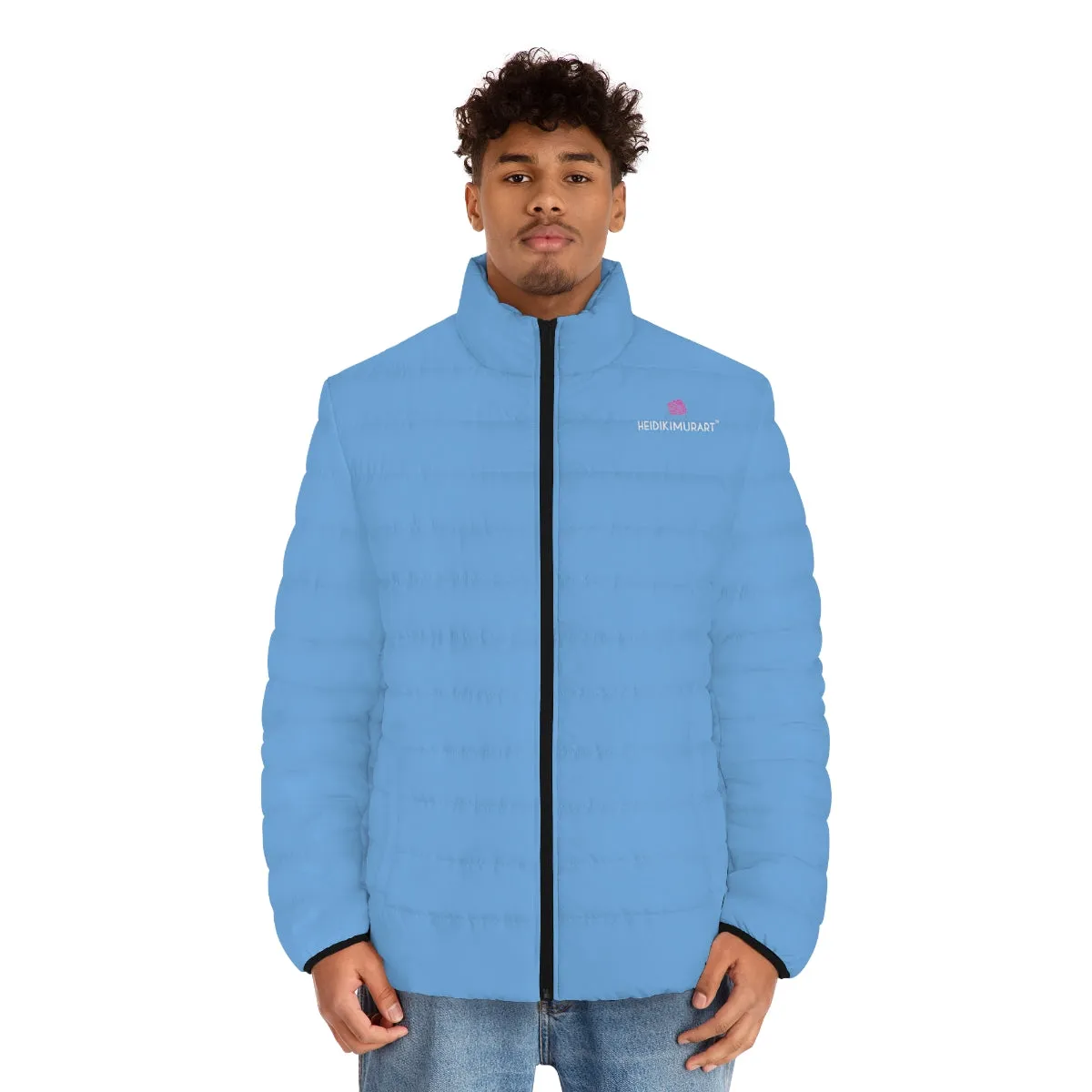 Pastel Blue Color Men's Jacket, Best Regular Fit Polyester Men's Puffer Jacket With Stand Up Collar (US Size: S-2XL)